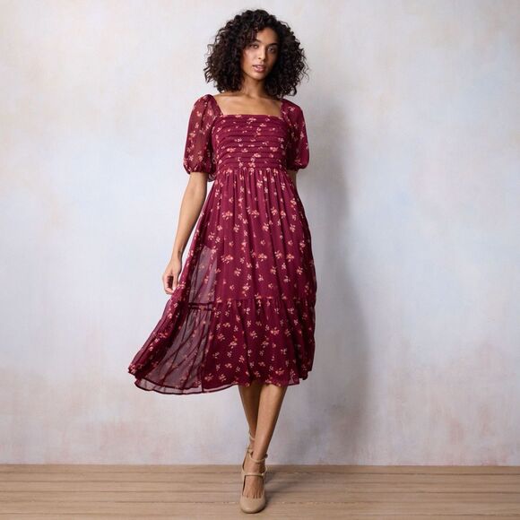 LC Lauren Conrad Dresses & Skirts - LC Lauren Conrad Midi Dress Size L Burgundy Petite Pleated Bodice Square Neck